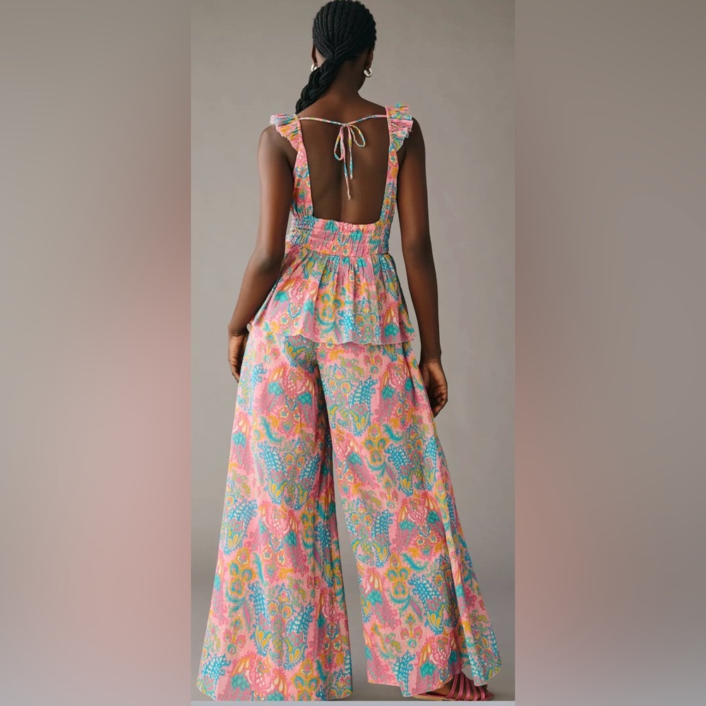 Anthropologie Pink Multi Paisley Wide-Leg Jumpsuit Pants
